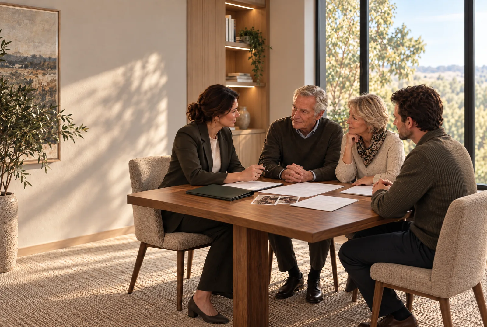 A professional adviser speaking with a family around a table.