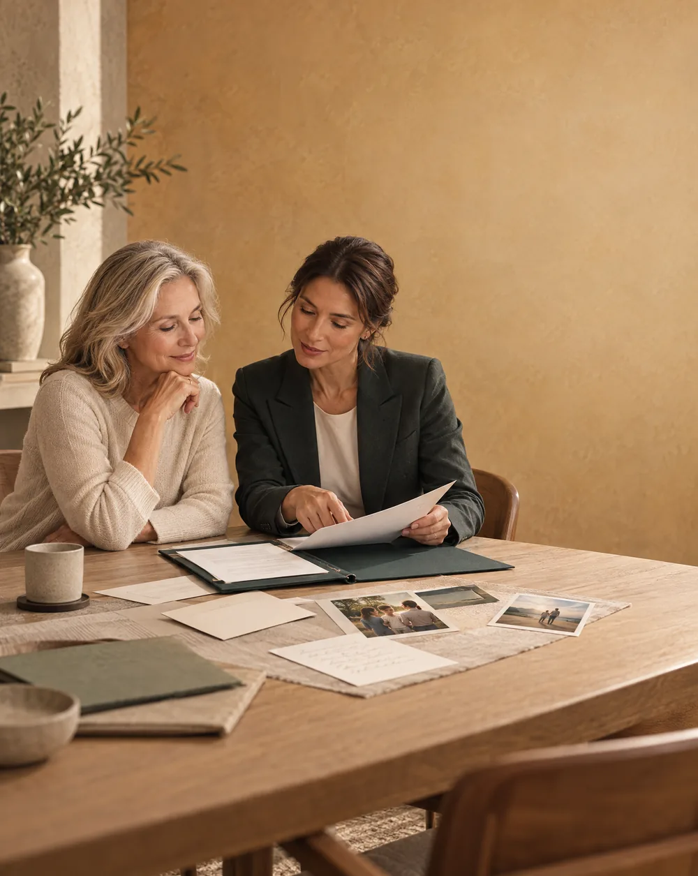 A professional adviser and client reviewing family documents and photographs.