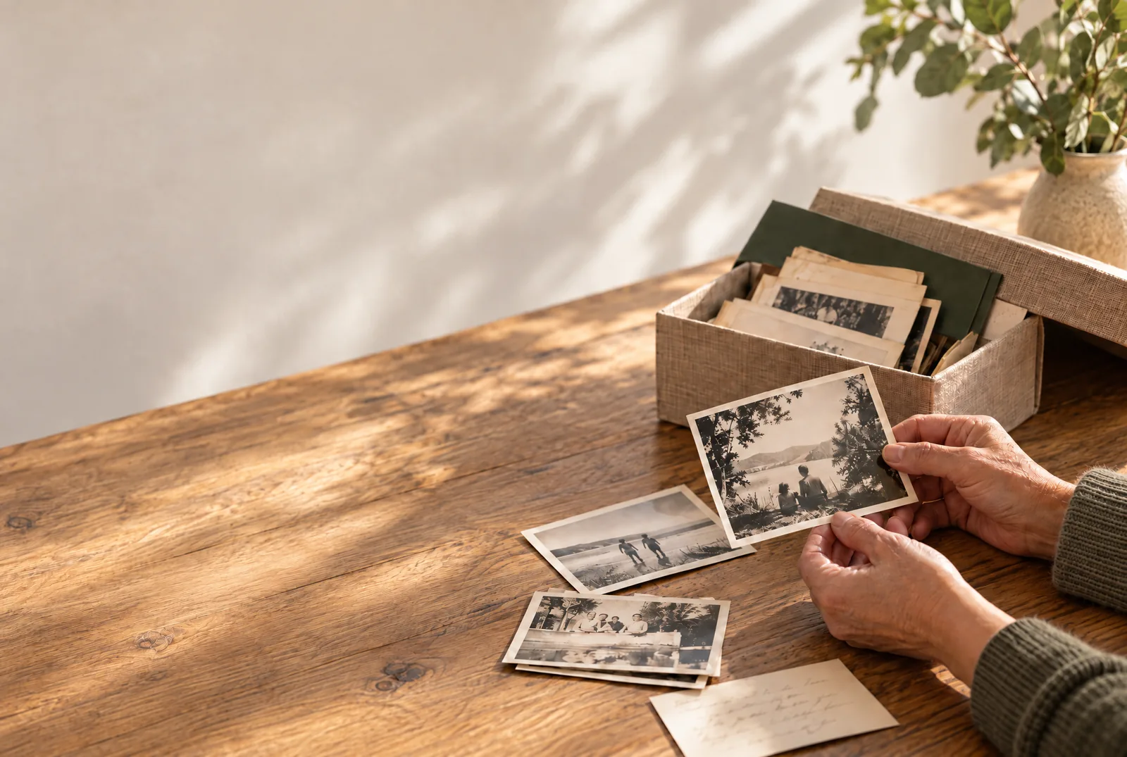 Older hands holding an original family photograph beside an archive box.