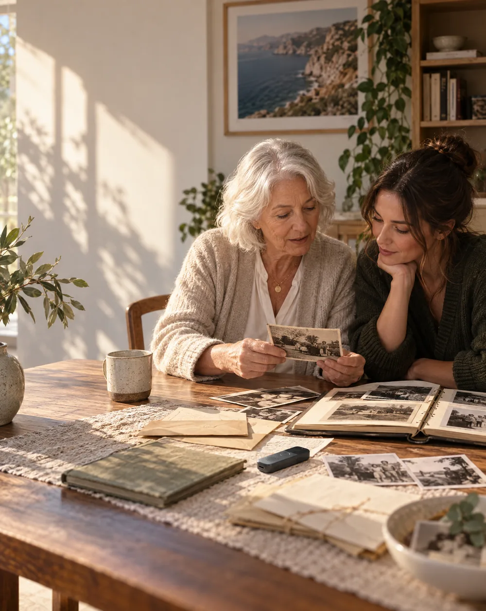 Two generations looking through family photographs and archival materials together.