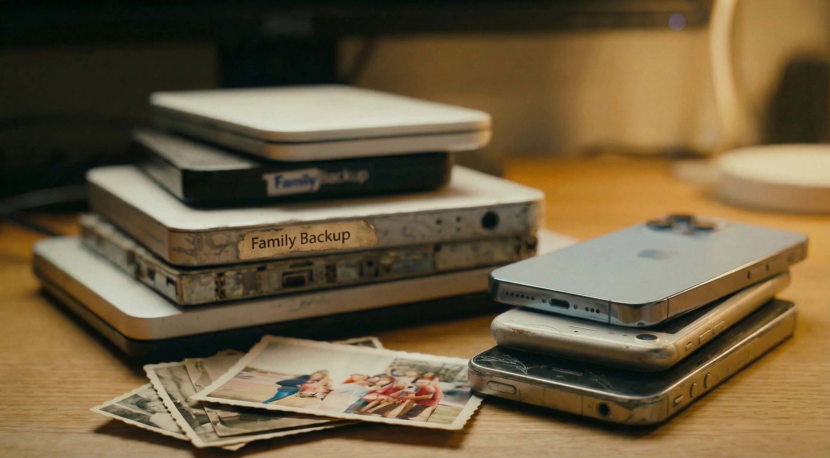 Stacked family backup hard drives and printed photographs beside a phone showing a disorganised camera roll