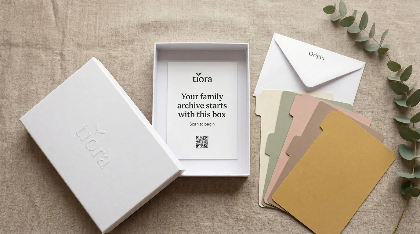 Open Tiora archive box with greeting card, coloured divider tabs and Origin envelope laid out